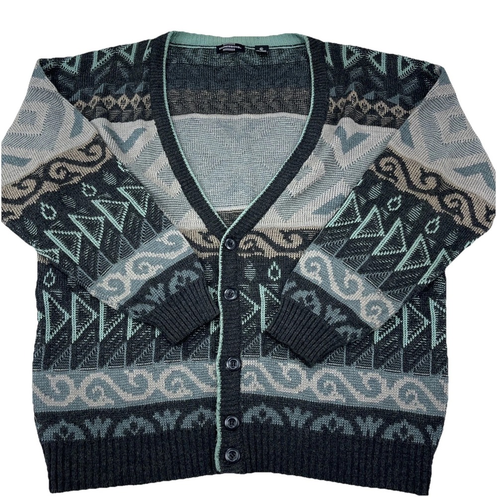 Vintage Cardigan Sweater Men Gray Blue 80s 90s Grandpa Biggie‎ Cosby Geometric